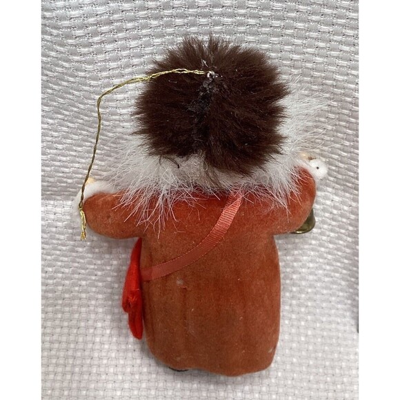 Flocked Plastic Old World Santa Christmas Ornament With Fur Hat & Bell 5” - Picture 6 of 12
